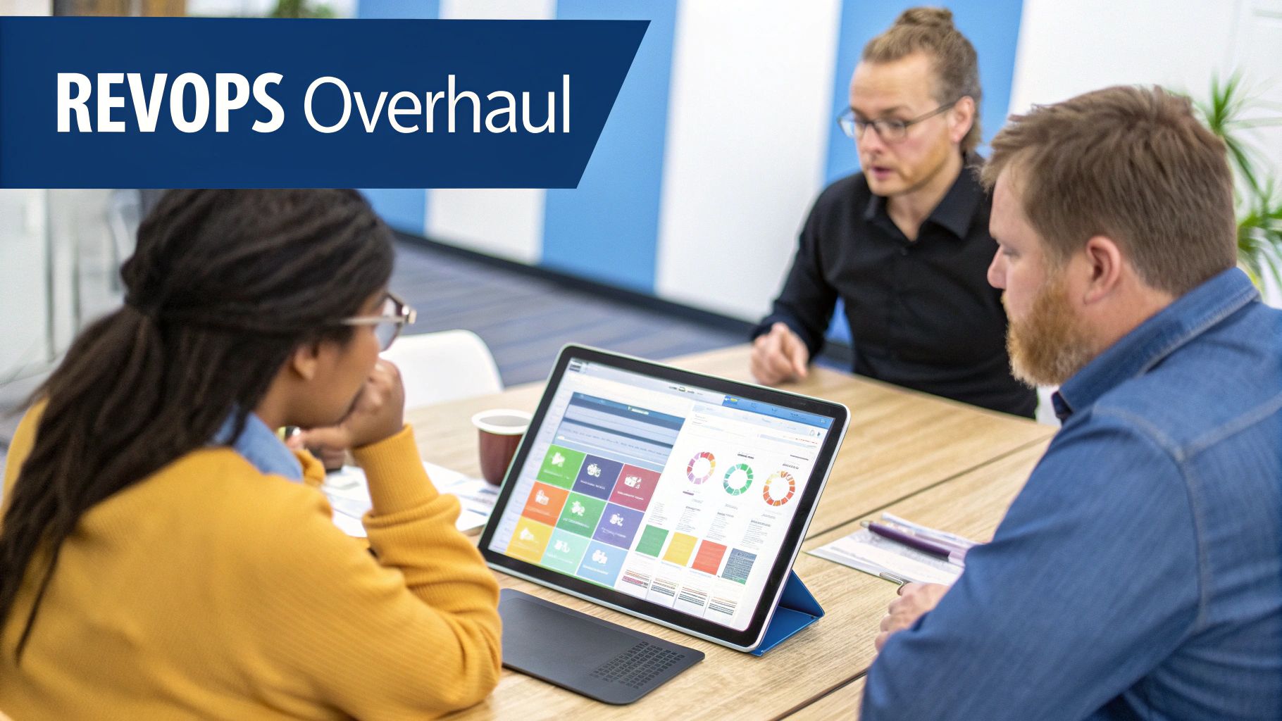 Three professionals analyze business data on a tablet during a RevOps overhaul meeting.