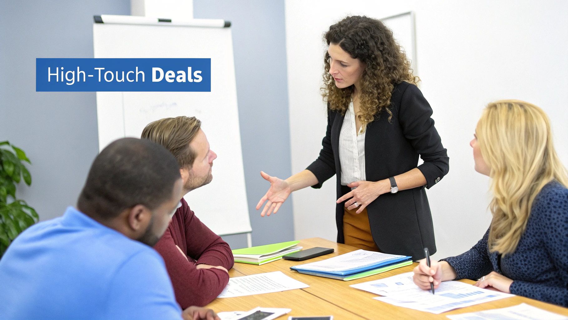 A diverse group of professionals engaged in a business meeting, with a woman presenting to her team.