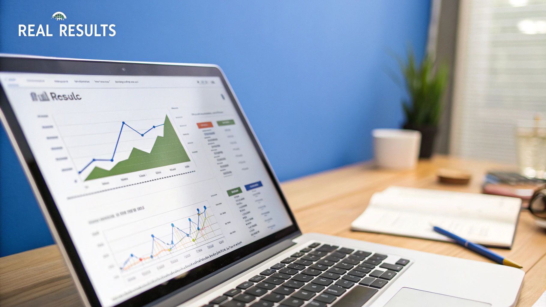 A dashboard showing key performance indicators and revenue growth charts, representing the results of MarTech integration.