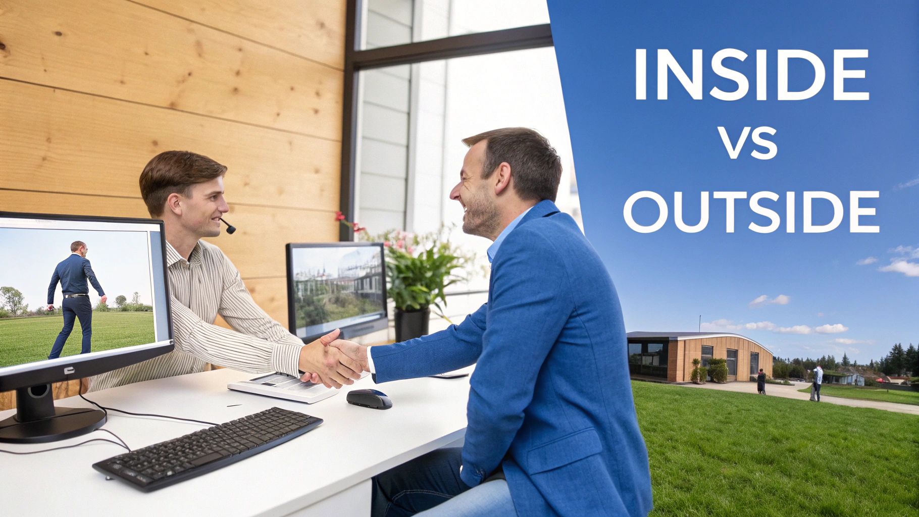 Two men shake hands in an office, with monitors displaying outdoor scenes and text "INSIDE VS OUTSIDE".
