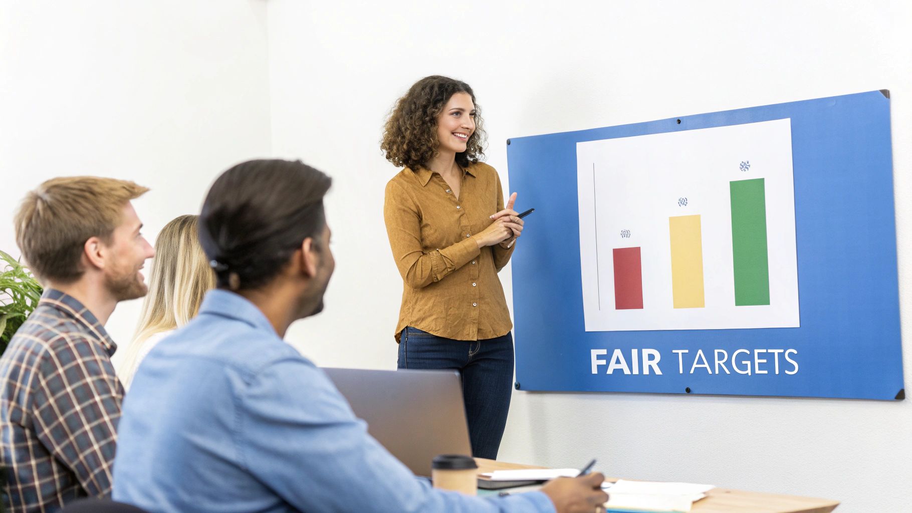 A smiling woman presents a bar chart on 'Fair Targets' to colleagues in a business meeting.