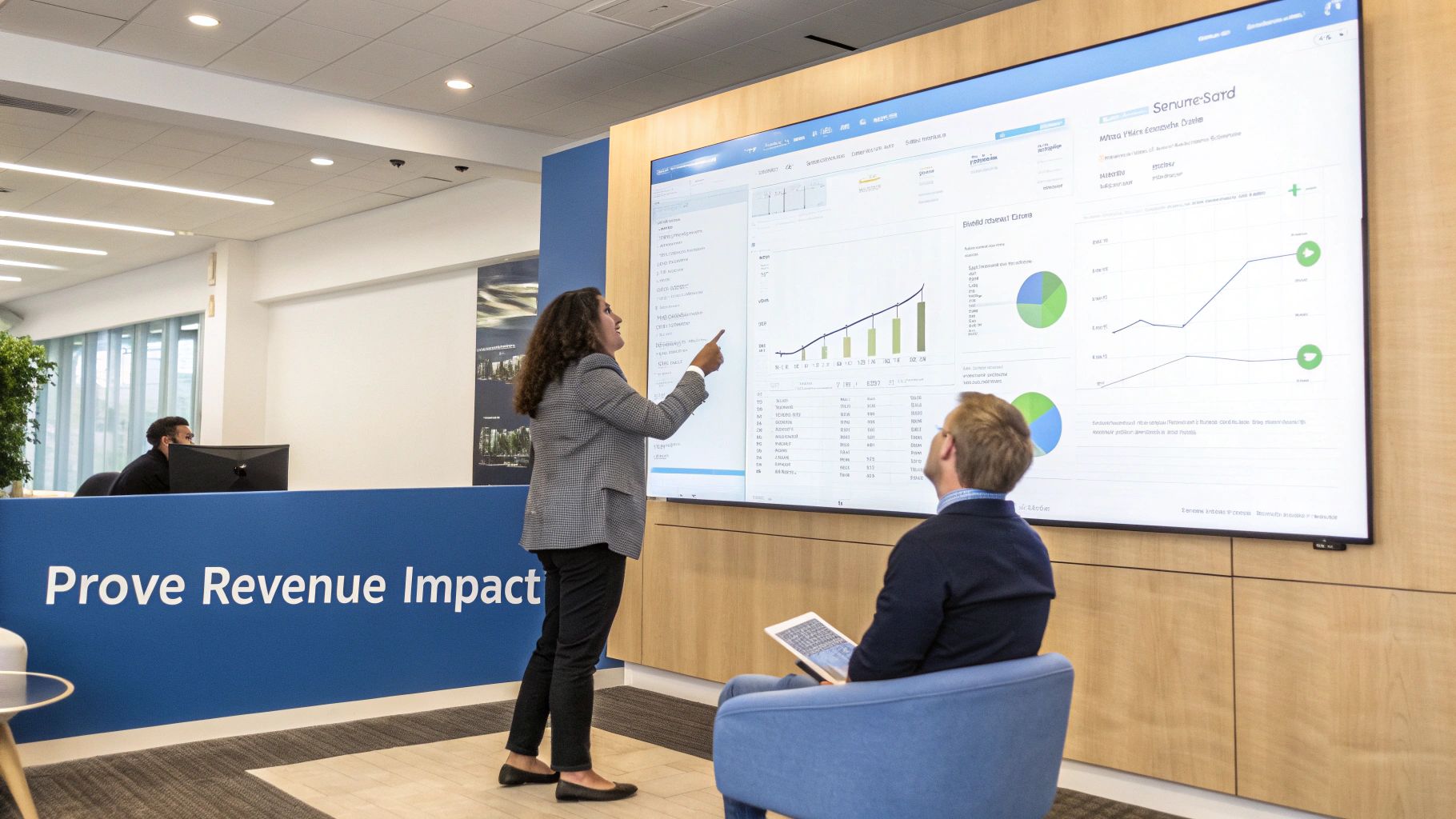 Two business professionals review email marketing analytics on a large display in a modern office.