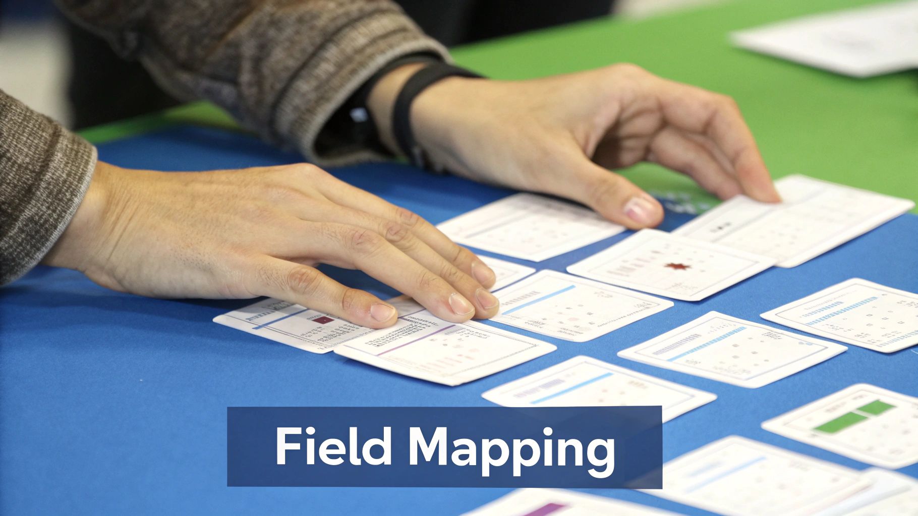 Two hands arrange white cards with diagrams and text on a blue table during a field mapping activity.
