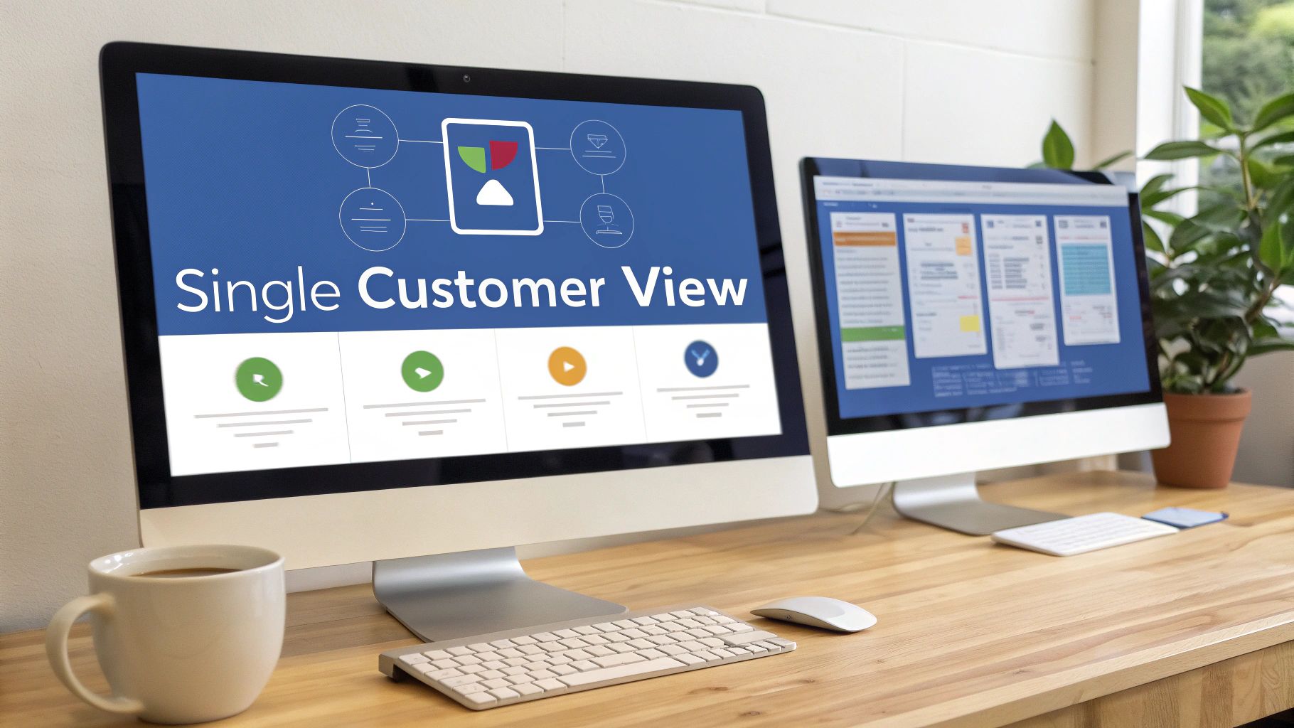A person at a desk analyzing charts and data on multiple screens, representing the improved visibility from an integrated MarTech stack.