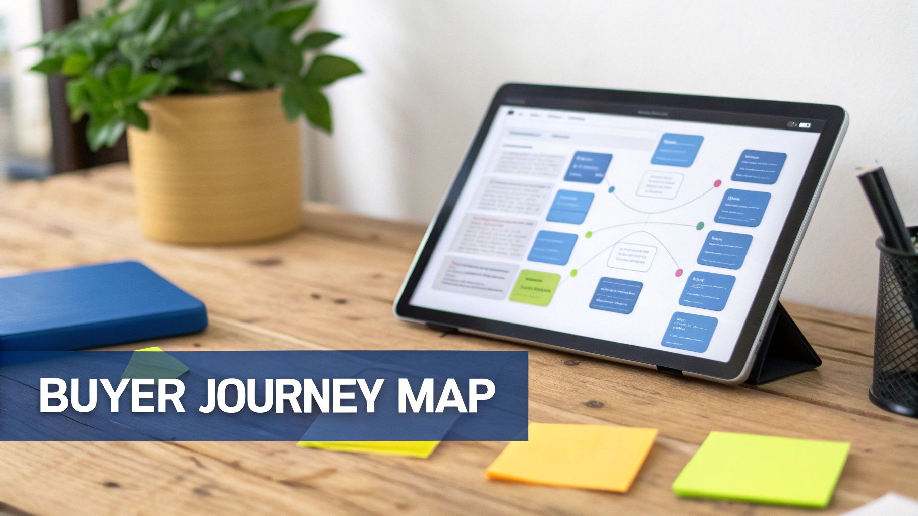A tablet displays a buyer journey map diagram on a rustic wooden desk with office supplies.