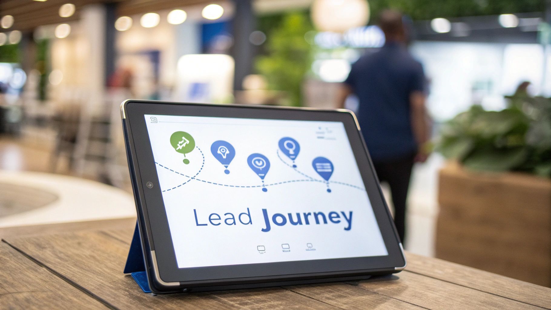 A tablet on a wooden table displays a "Lead Journey" graphic with icons in a modern indoor setting.