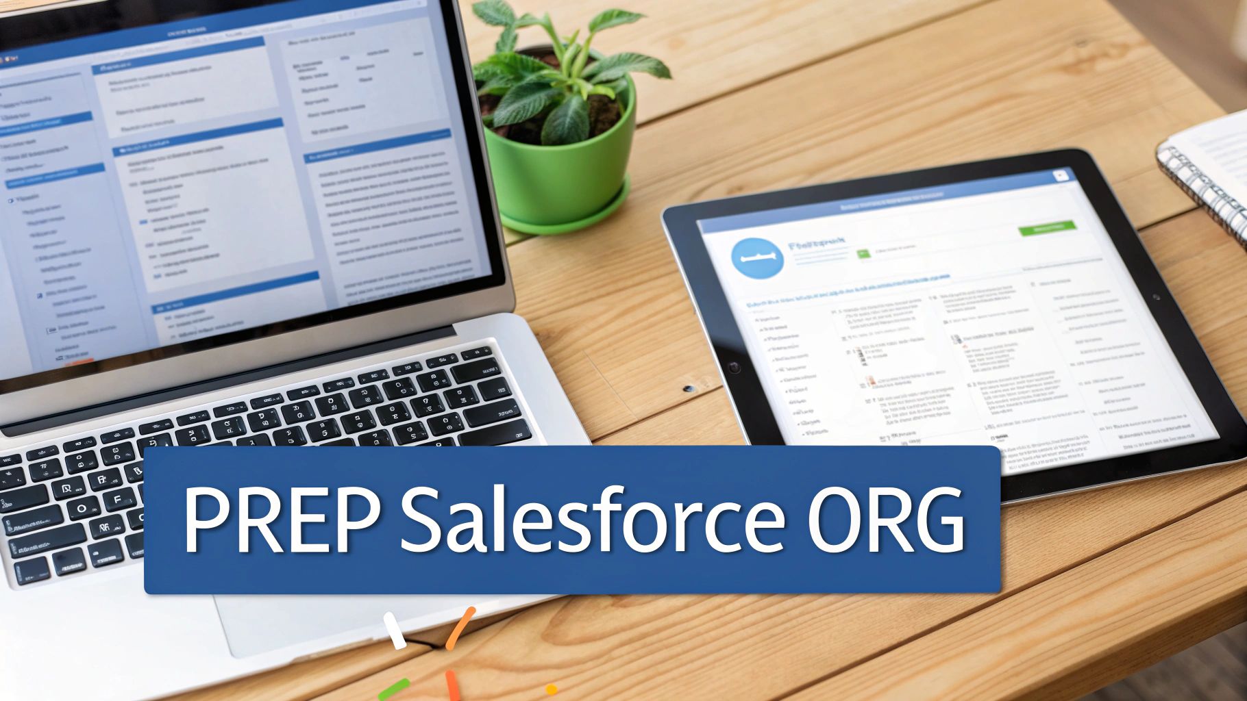 A workspace with a laptop, tablet, and plant on a wooden desk, overlaid with a 'PREP Salesforce ORG' banner.