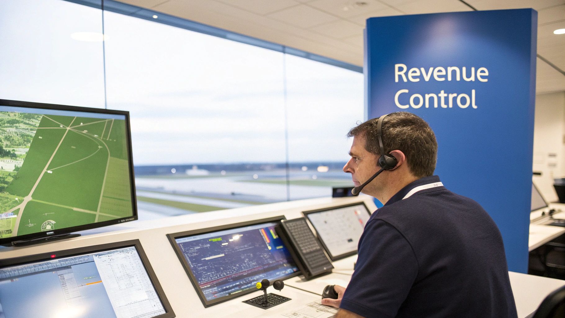 Man with headset at a control station with multiple screens displaying airport views and data.