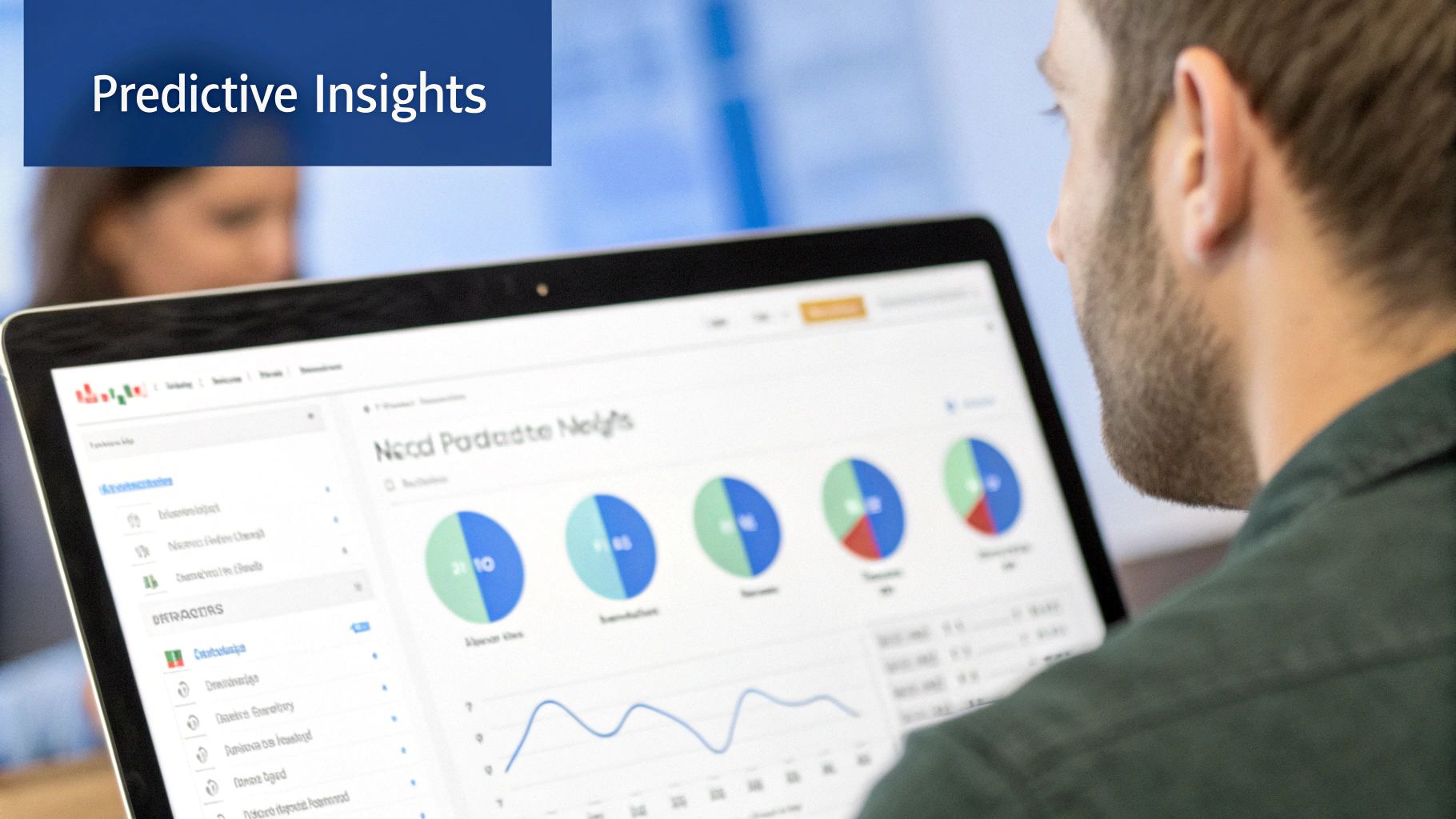 Professional analyzing predictive insights dashboard with colorful pie charts and graphs on laptop screen