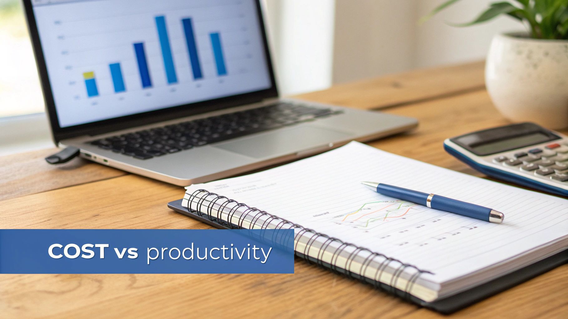 A laptop displaying a bar chart, a notebook with a graph, and a calculator on a wooden desk. Text overlay: COST vs productivity.