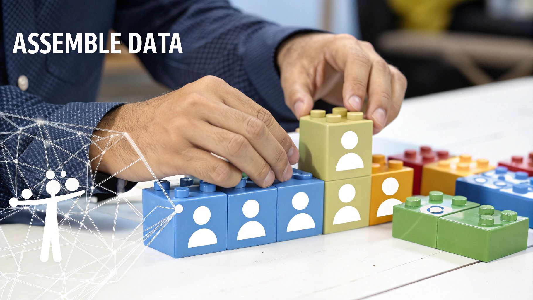 Hands assembling colorful building blocks with person icons, representing data assembly or team formation.