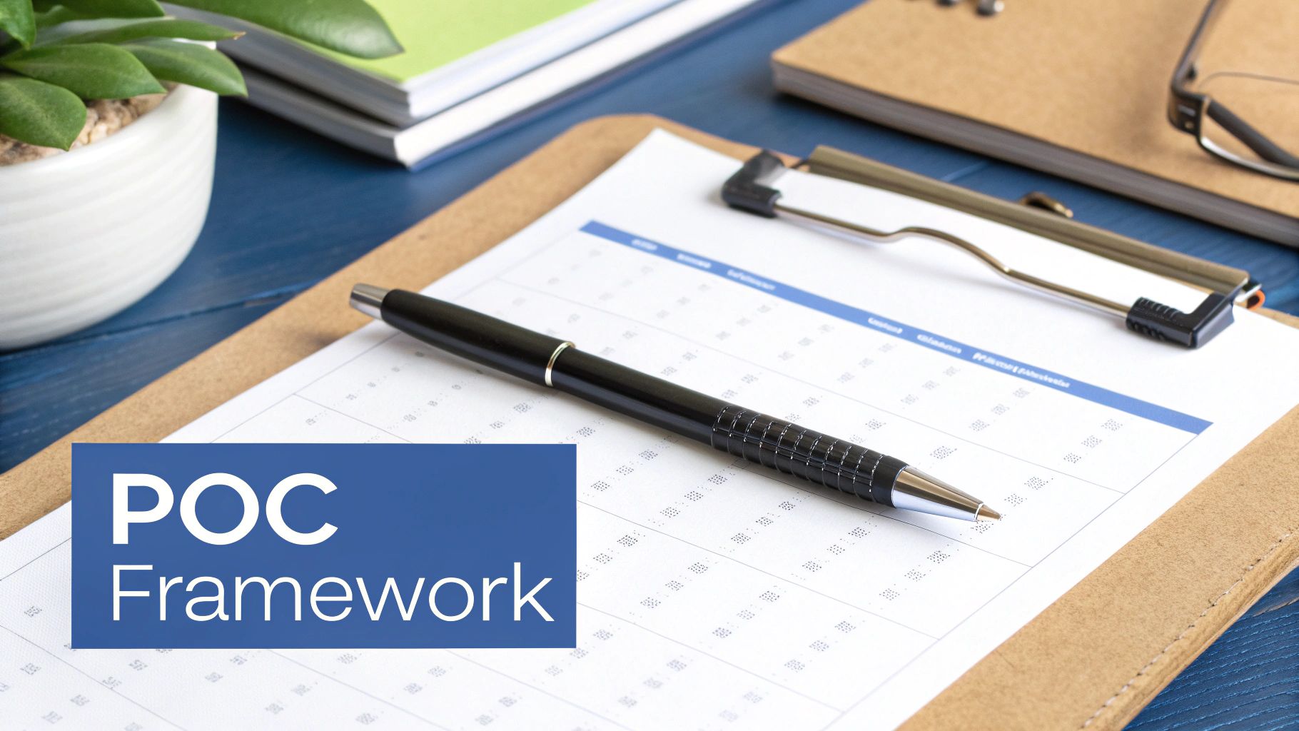 A blue overlay with 'POC Framework' text on a desk with a clipboard, pen, and office supplies.