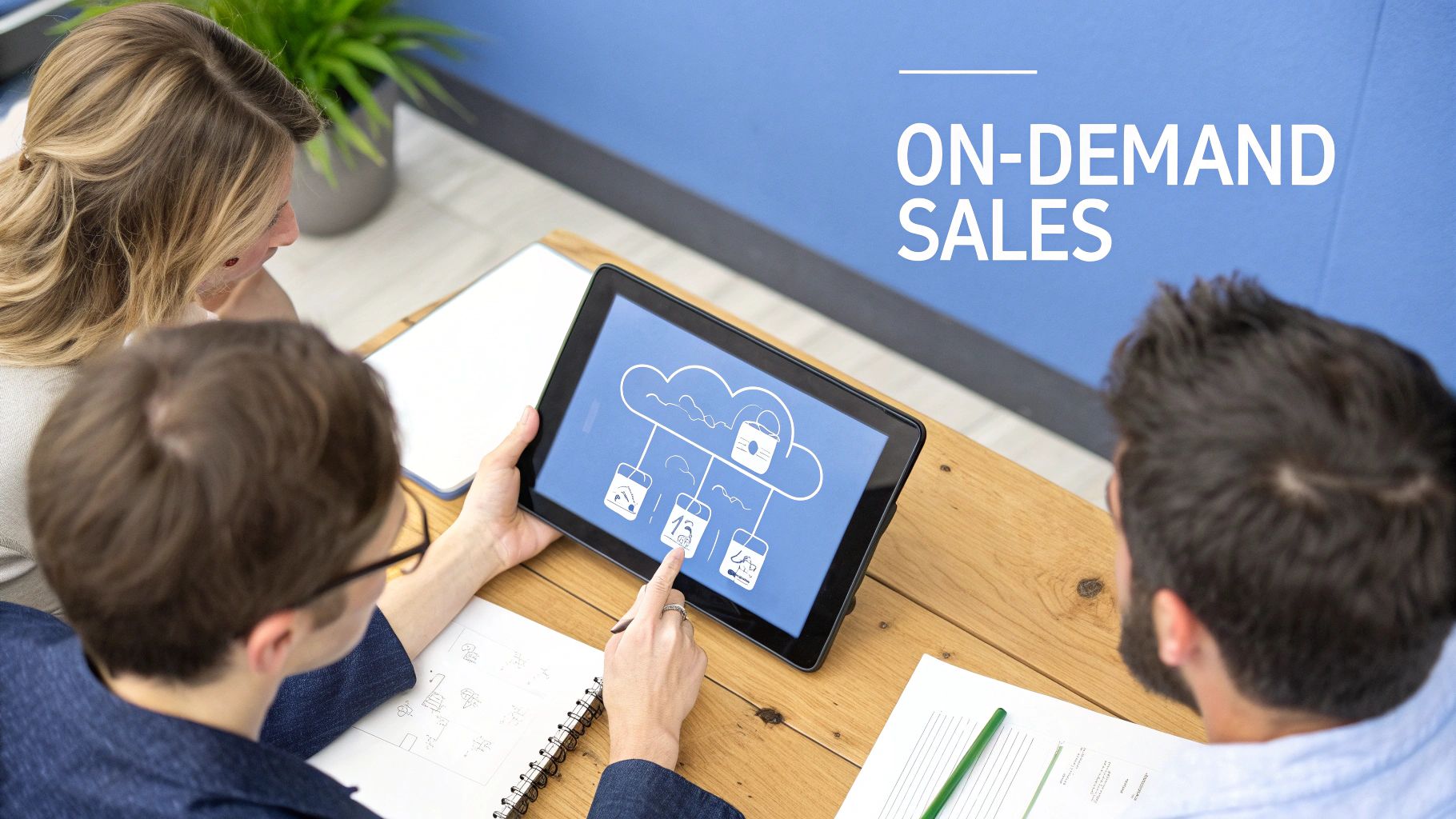 Professionals discussing on-demand sales solutions, looking at a tablet with cloud computing icons.