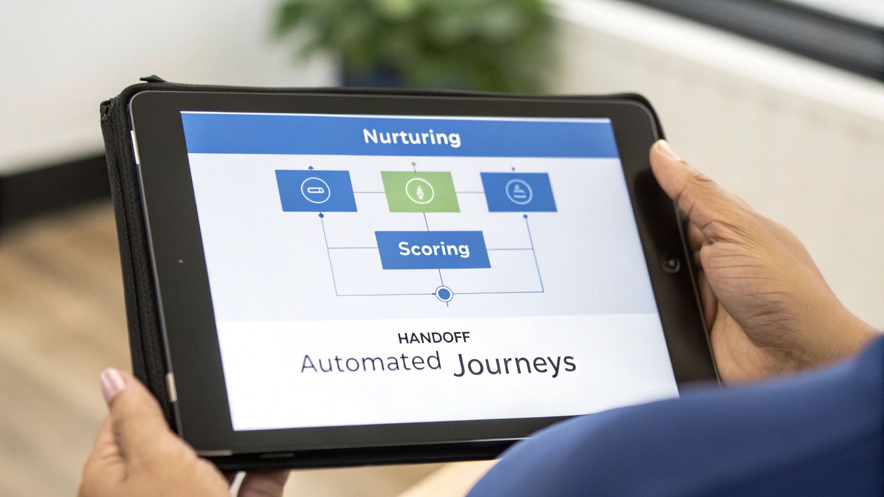 Hands holding a tablet displaying a marketing automation diagram with 'Nurturing', 'Scoring', and 'Automated Journeys'.