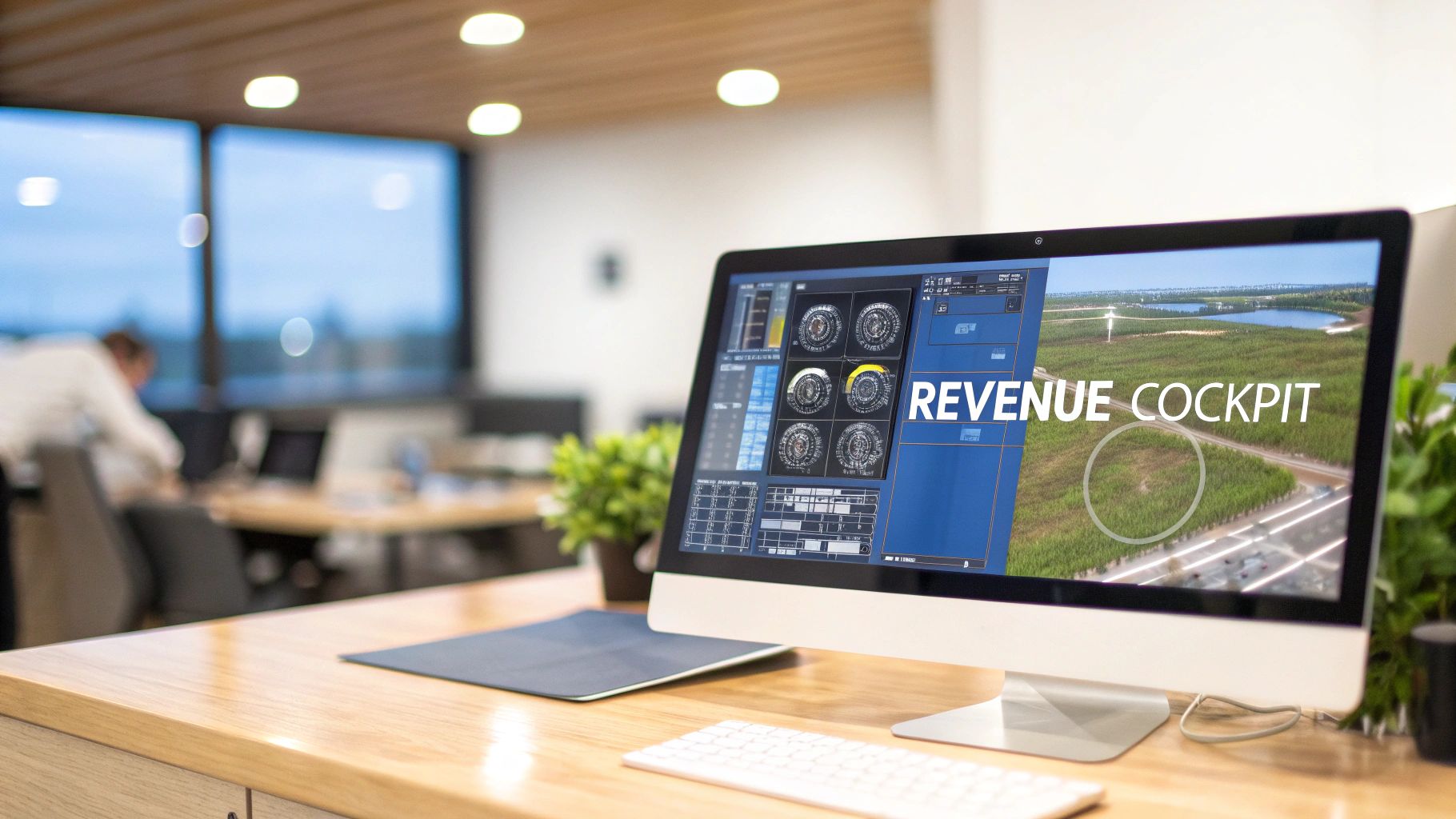 A computer screen displaying 'REVENUE COCKPIT' software on a wooden desk in a modern office.