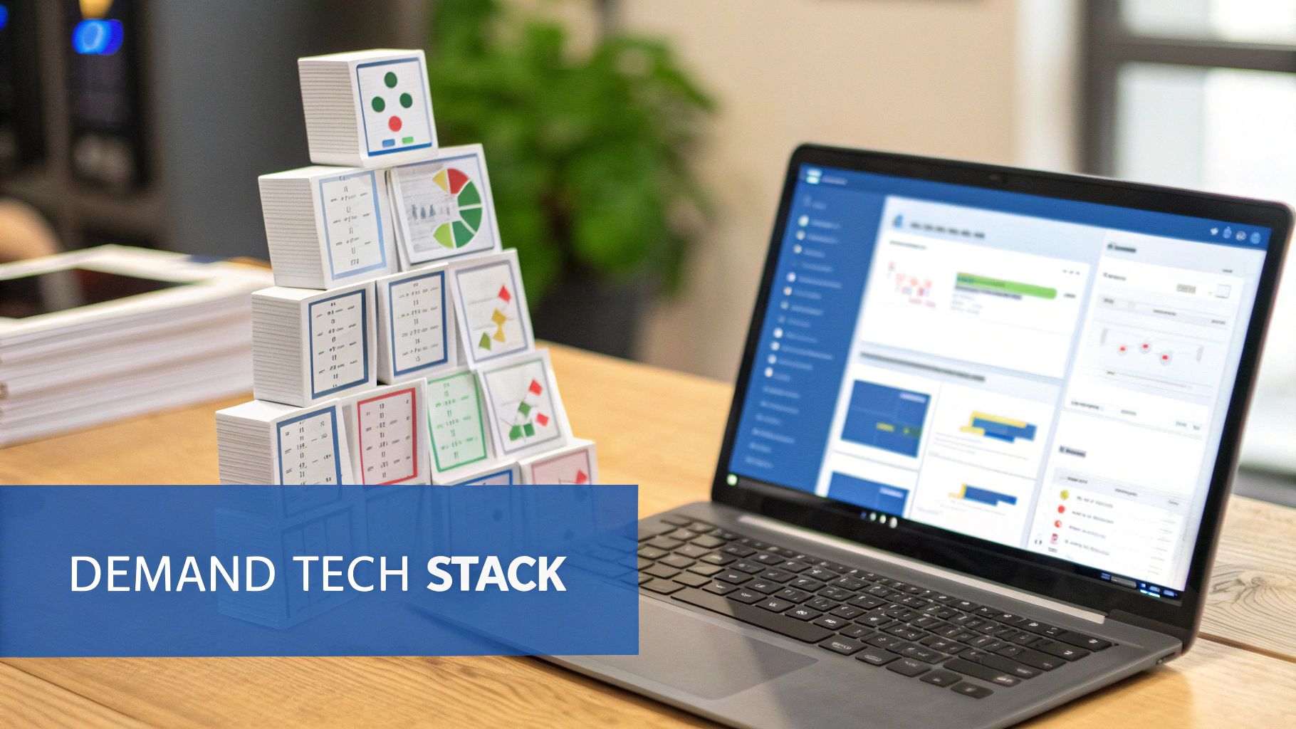 A laptop displaying data alongside a pyramid of boxes labeled 'Demand Tech Stack' on a wooden desk.