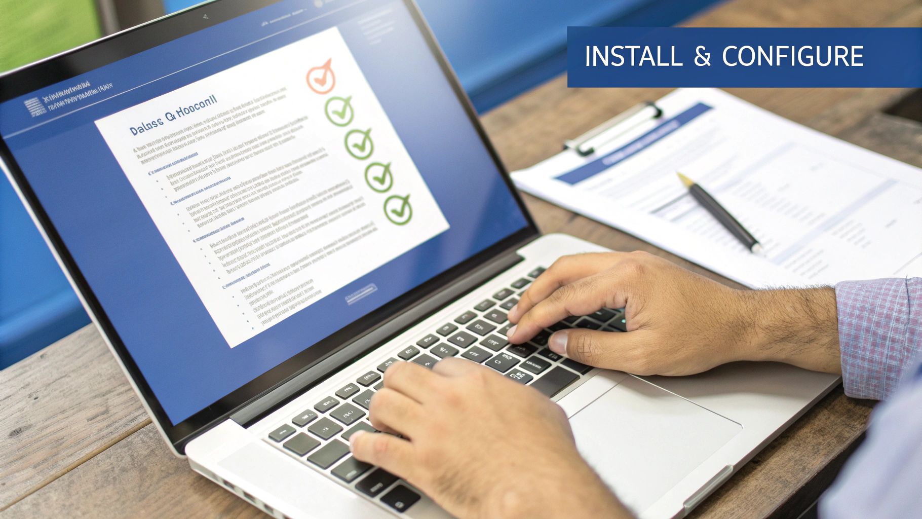 A person works on a laptop, displaying a configuration checklist, with a document and pen.