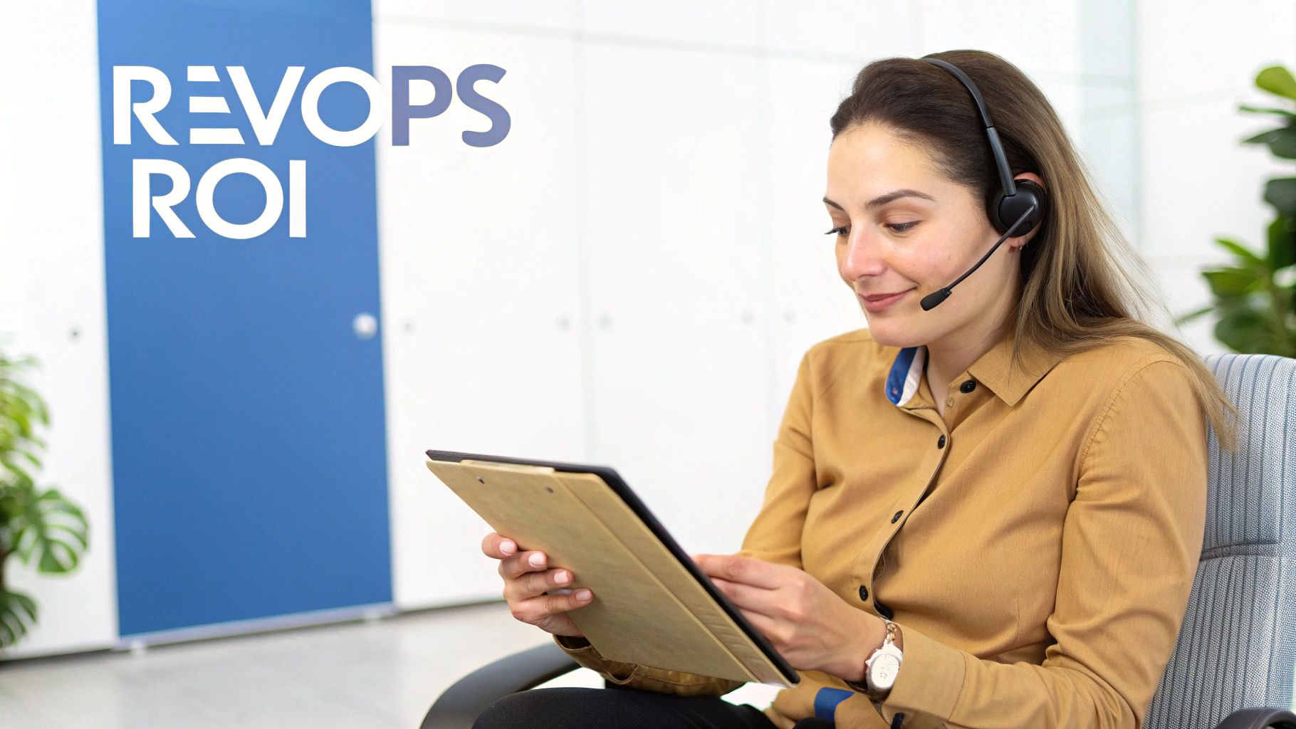 A smiling woman with a headset views a tablet in an office, near 'REVOPS ROI' text.