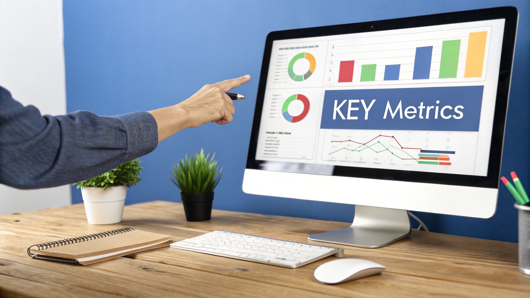 A person points at a computer screen displaying various charts, graphs, and 'KEY Metrics'.