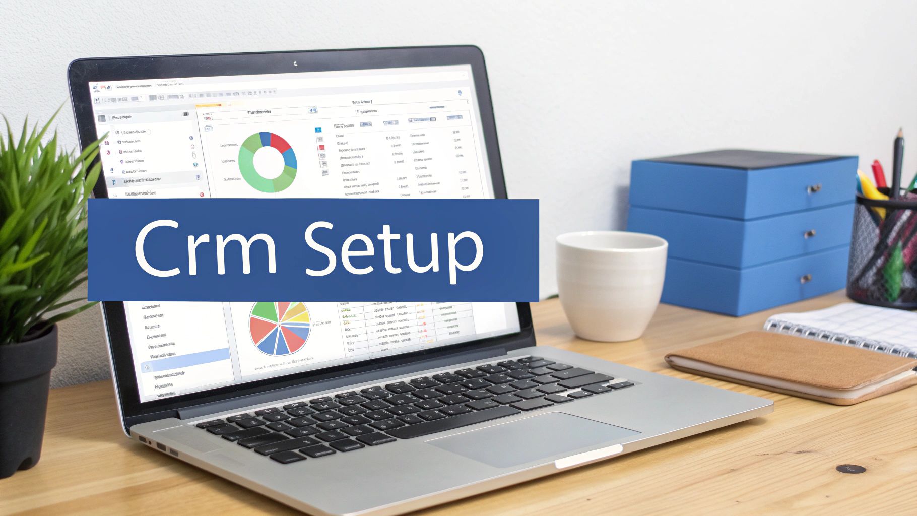 Laptop screen displaying CRM software with graphs and 'Crm Setup' text overlay on a wooden desk.