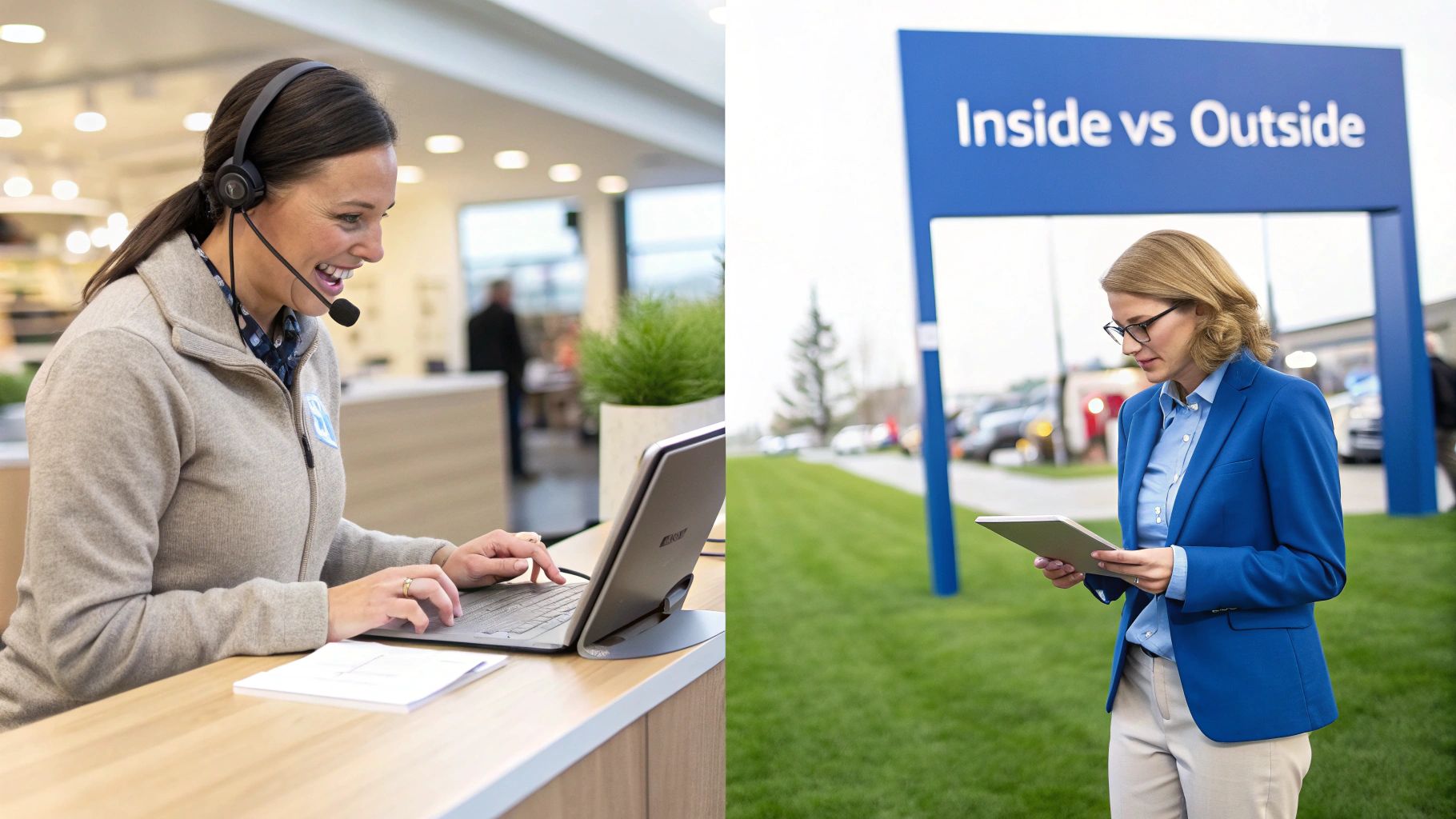Two women, one indoors with a headset and laptop, one outdoors with a tablet, depicting inside vs outside sales.