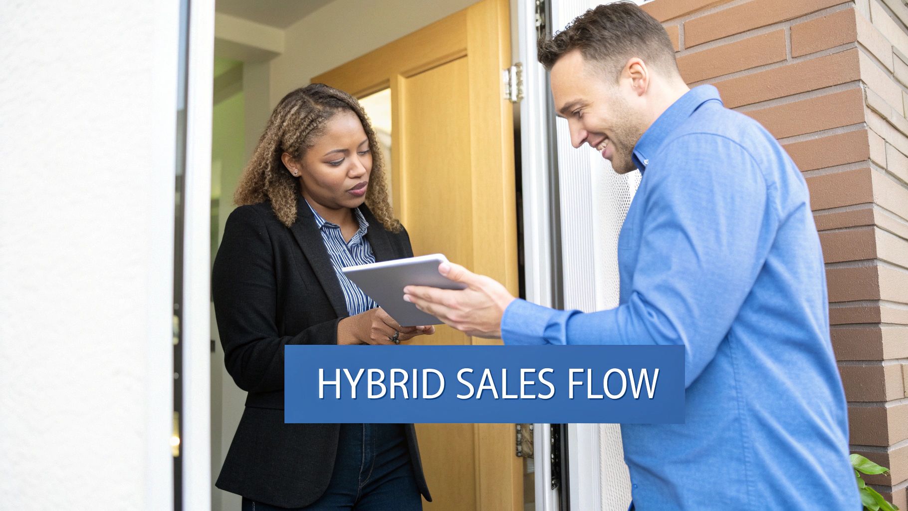 A man and woman at a doorstep looking at a tablet, representing a hybrid sales flow.
