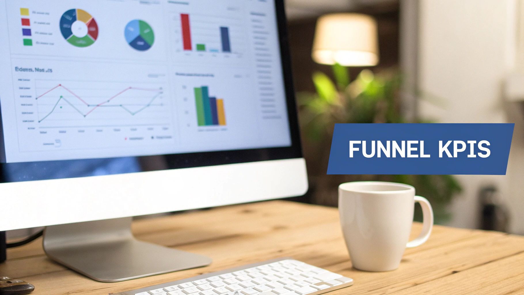 A computer monitor displaying data dashboards with charts and graphs, alongside a white mug on a wooden desk with a 'FUNNEL KPIS' banner.