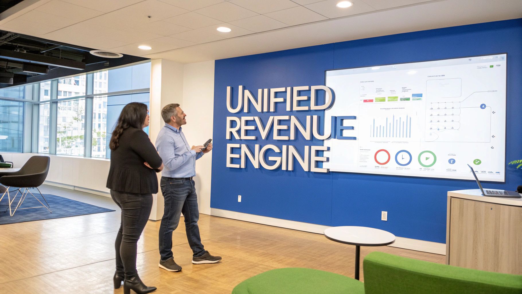 Two professionals discuss data on a large screen in a modern office with 'Unified Revenue Engine' on the wall.