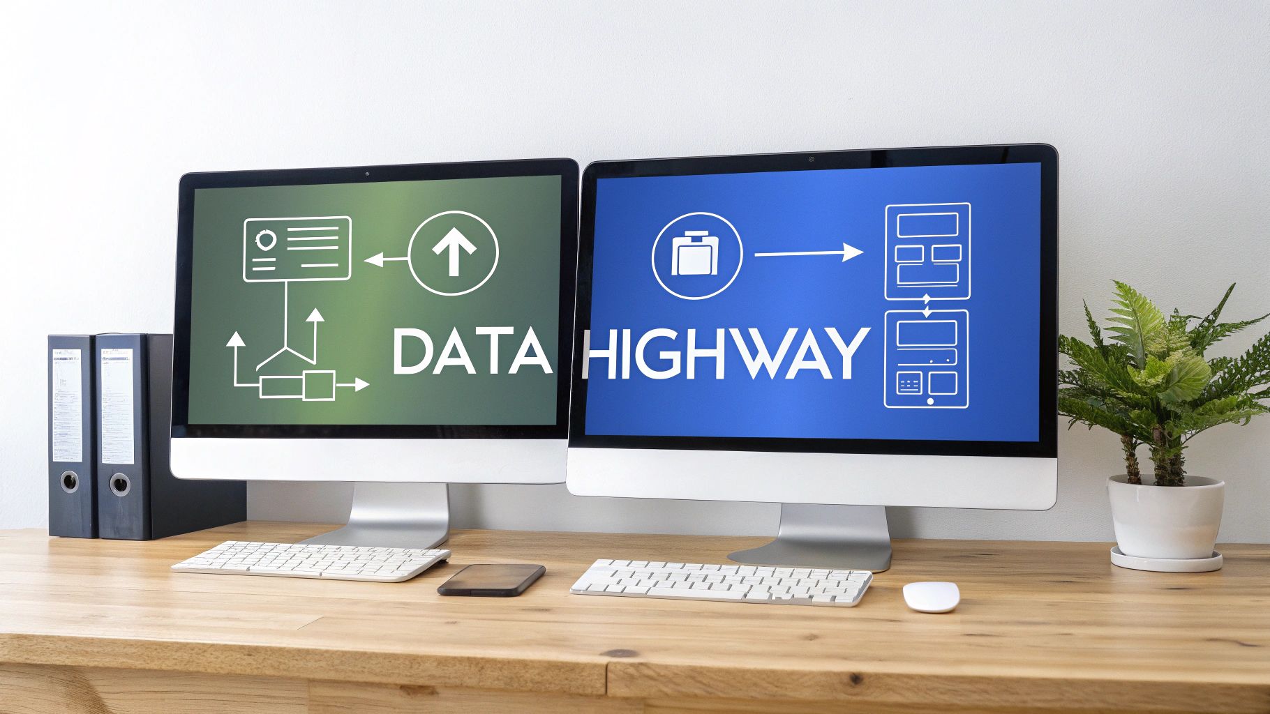 Two computer monitors display 'DATA HIGHWAY' with data flow diagrams on a modern wooden desk.