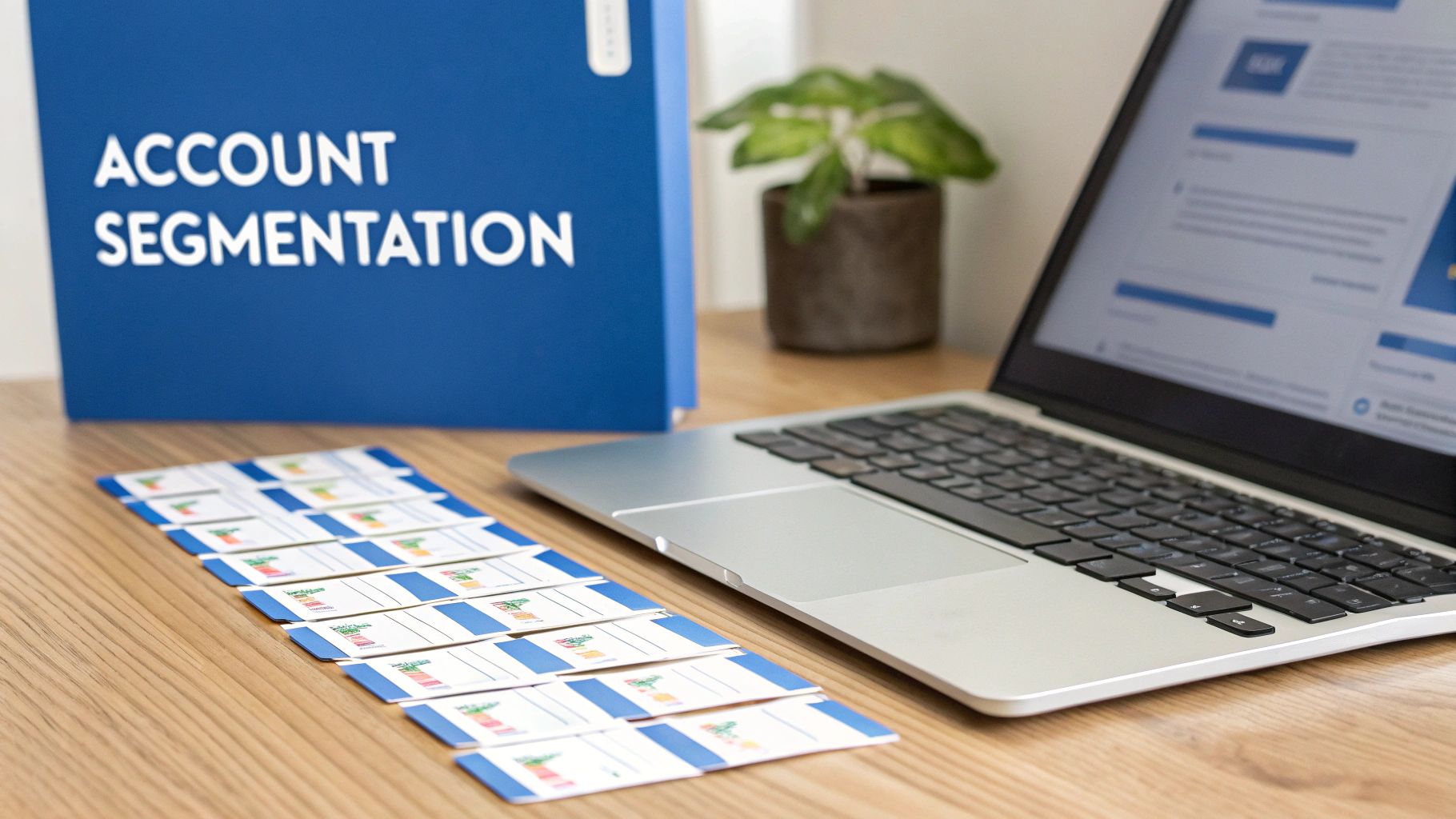 A desk setup with an 'Account Segmentation' binder, a laptop displaying data, and multiple cards.
