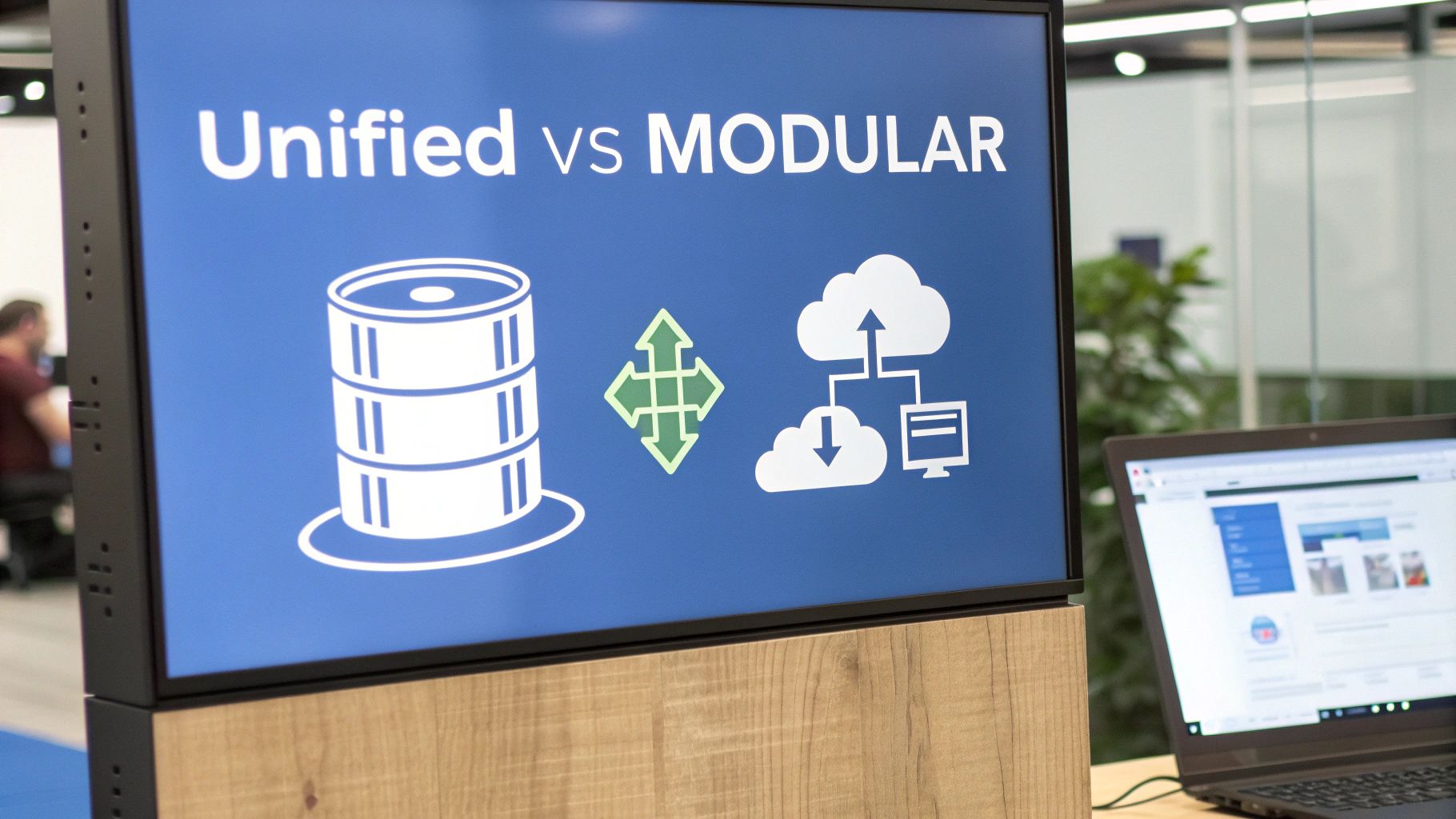 A screen displays 'Unified vs MODULAR' with icons for data storage and cloud computing concepts.