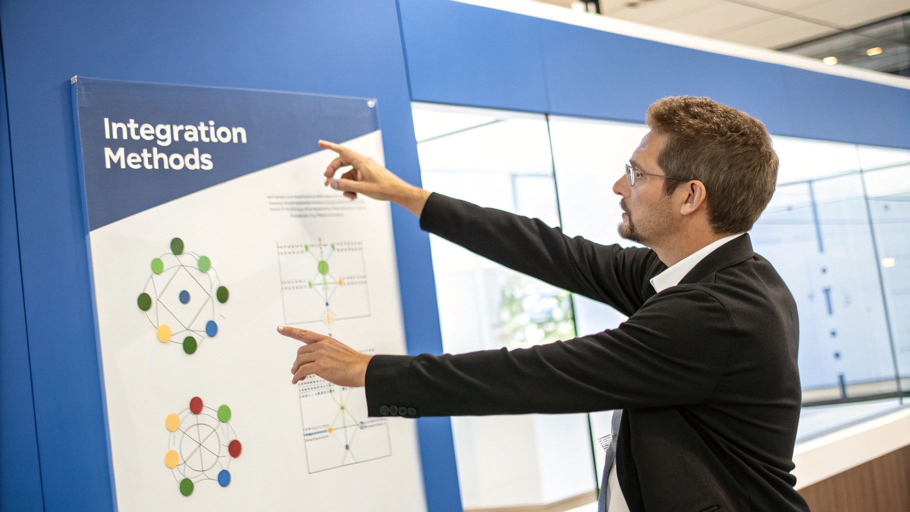 An image showing a flowchart of different system integration methods, such as point-to-point and hub-and-spoke models.