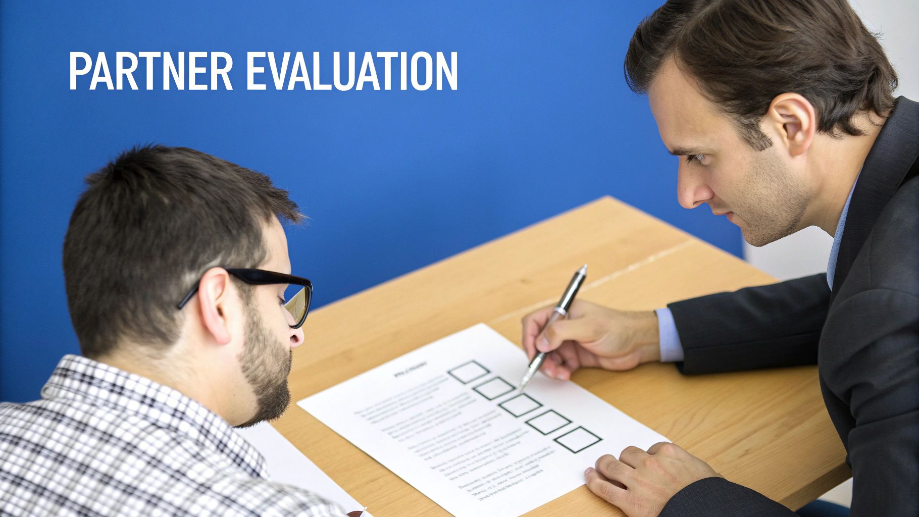 Two men review a document with checkboxes for 'Partner Evaluation' at a light wooden table.