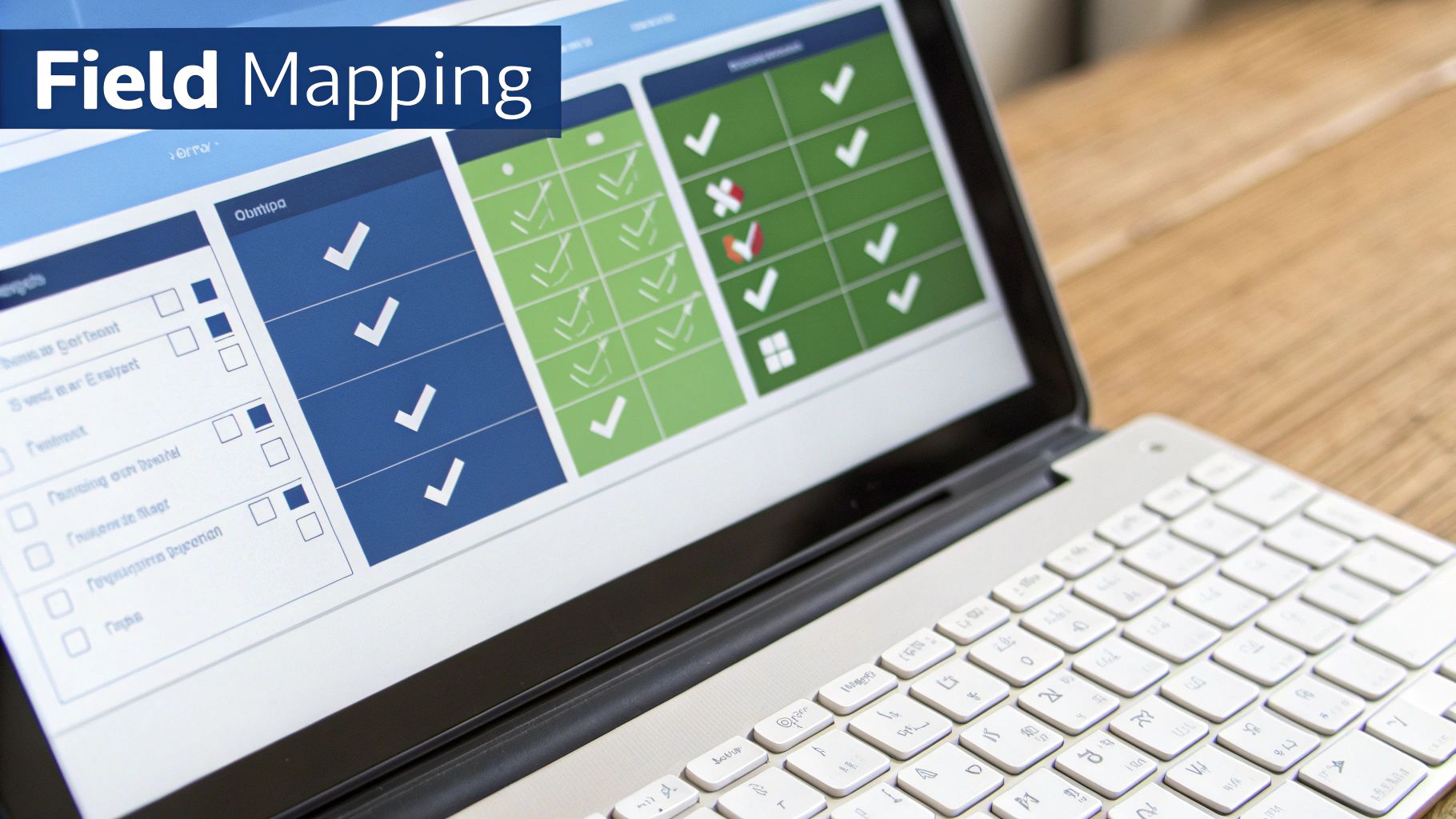 A laptop screen displays a 'Field Mapping' interface with blue and green data fields and checkmarks.
