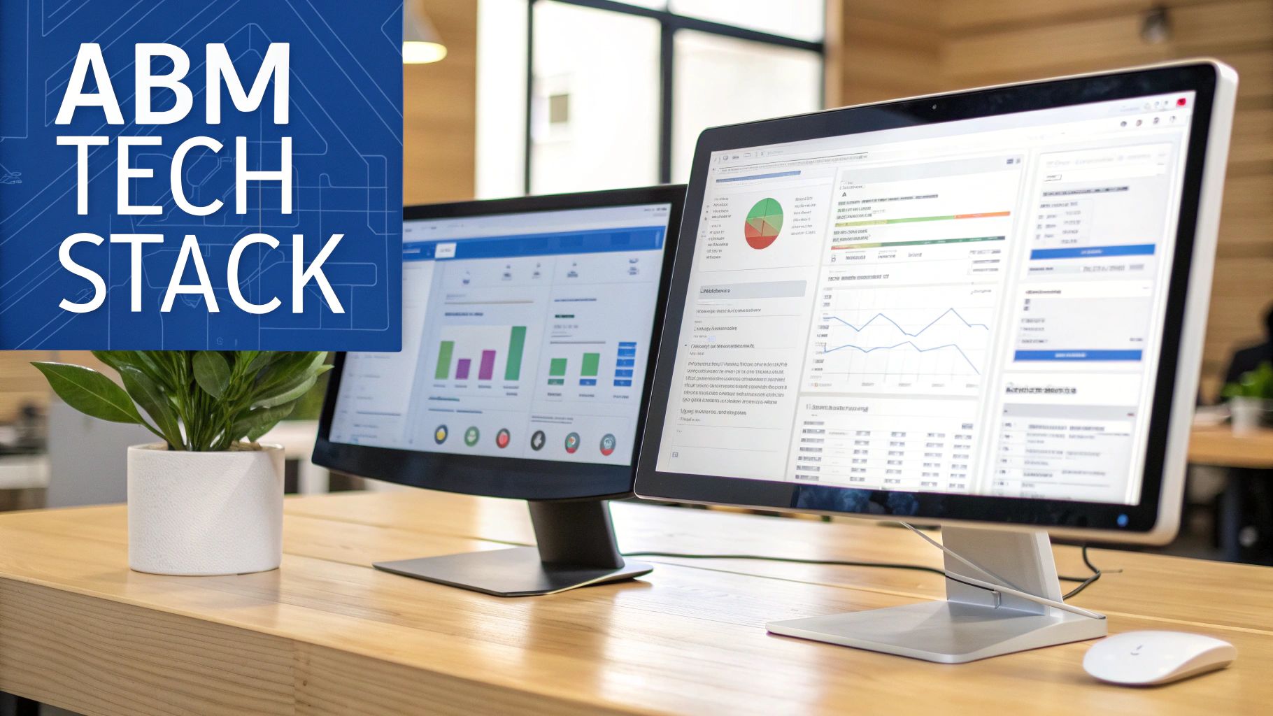 Dual computer monitors on a wooden desk displaying data analytics dashboards and an 'ABM TECH STACK' banner.