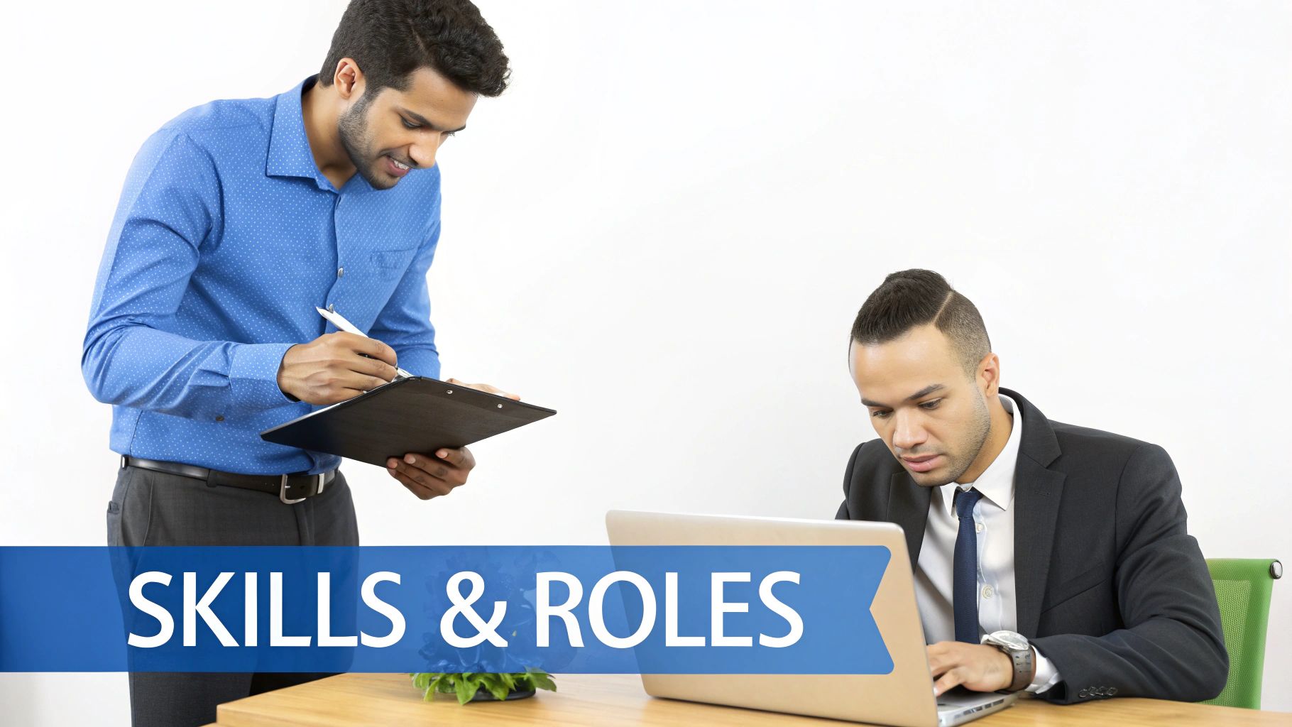 Two businessmen interacting in an office, one writing on a clipboard, the other working on a laptop, symbolizing skills and roles.