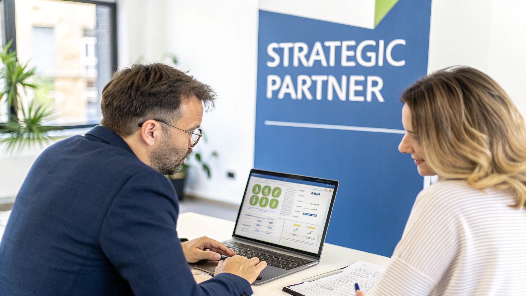 Two business professionals collaborating, reviewing data on a laptop in an office with a 'STRATEGIC PARTNER' banner.