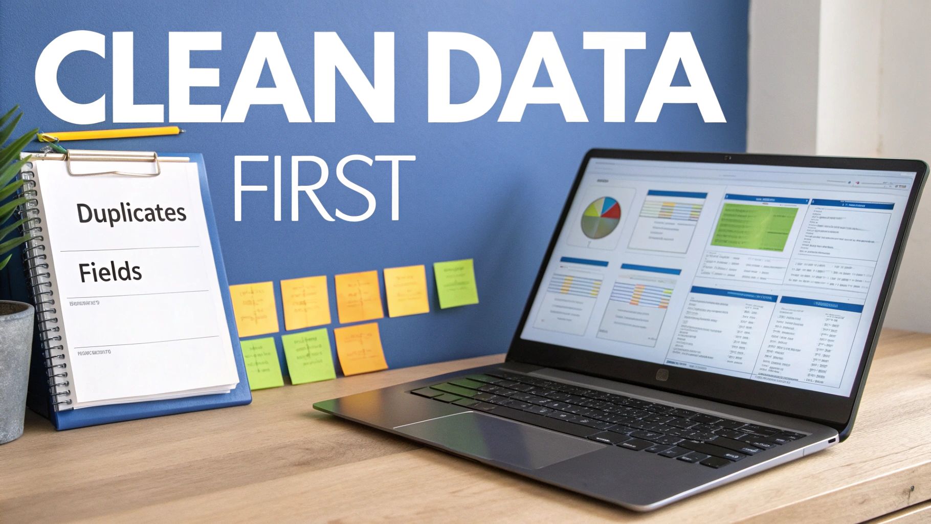 A laptop displaying data dashboards next to a clipboard titled 'Duplicates Fields' and text 'Clean Data First'.