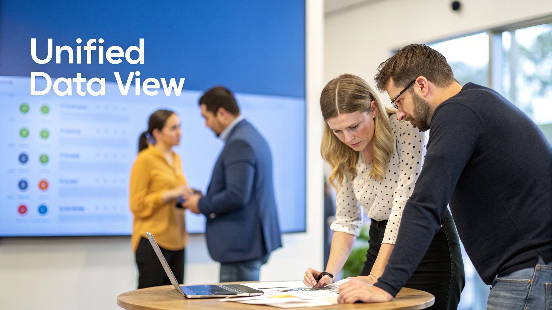 Business professionals collaborating and reviewing documents in a modern office with a 'Unified Data View' screen.
