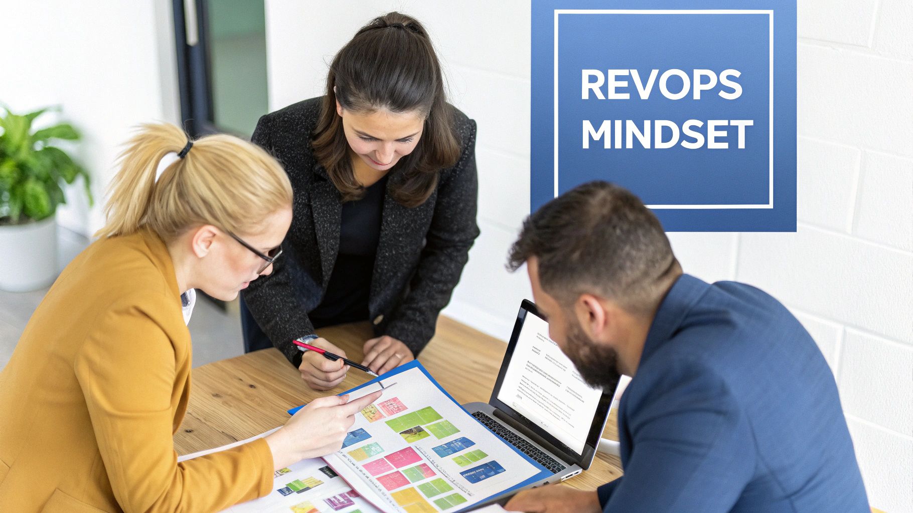 A team collaborating on a project plan, representing a CRM implementation project plan with a RevOps mindset.