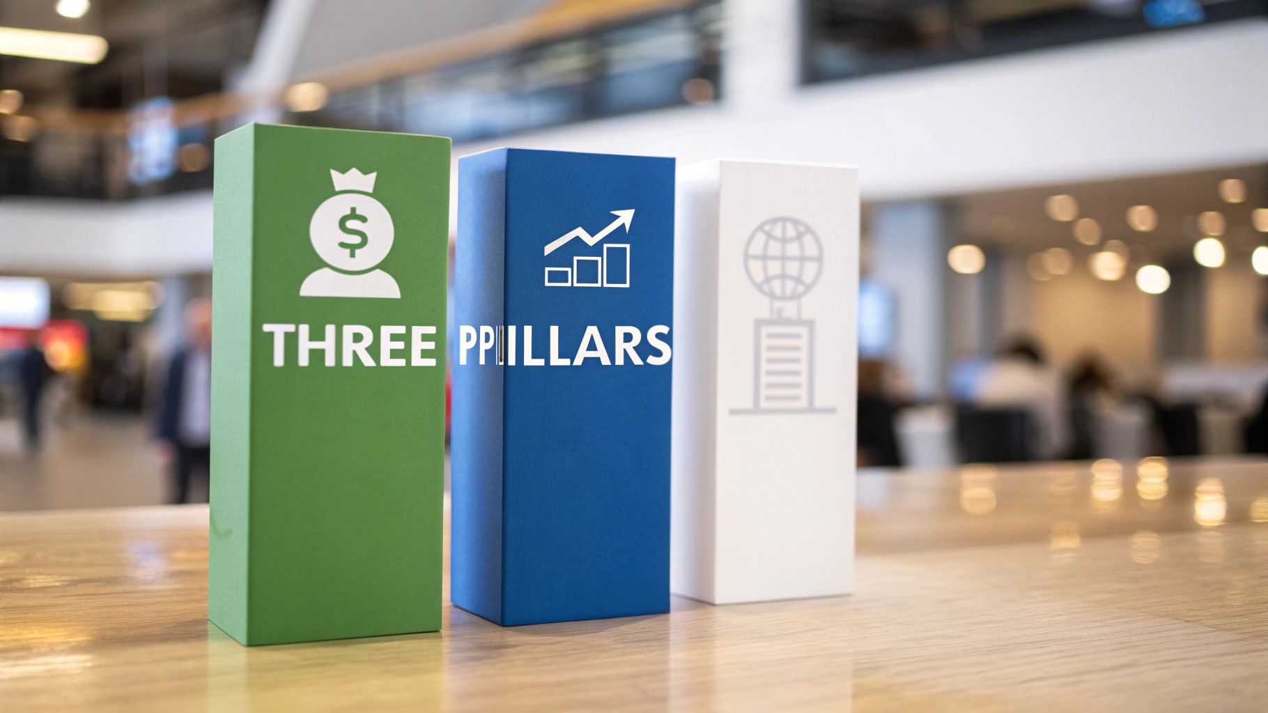 Three colored pillars on a table, representing business concepts: money, growth, and global reach.