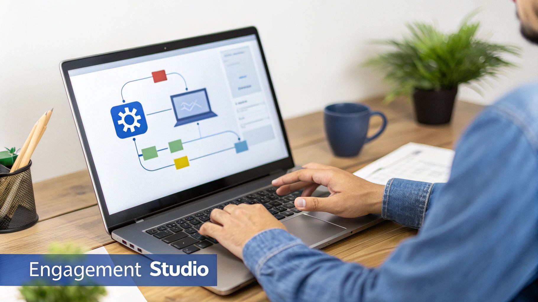 Person typing on a laptop displaying a workflow diagram for Engagement Studio, with desk items.