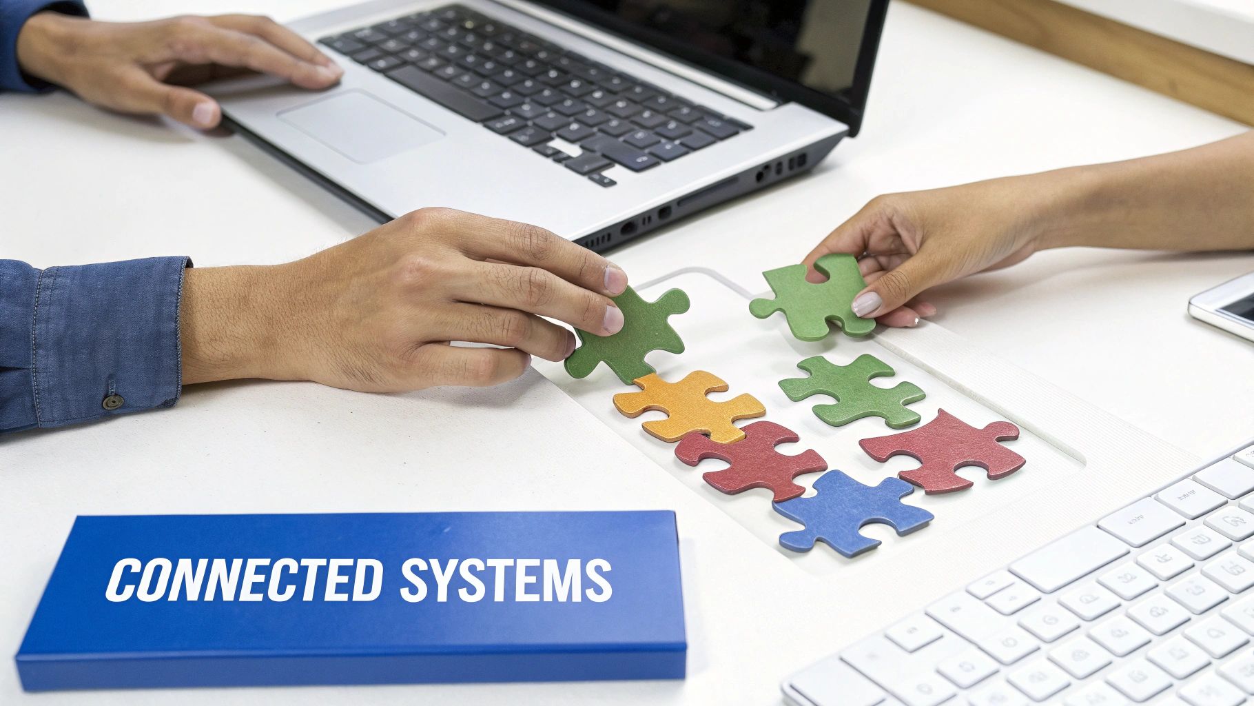 A professional business team collaborating around a digital dashboard, illustrating the power of connected systems.