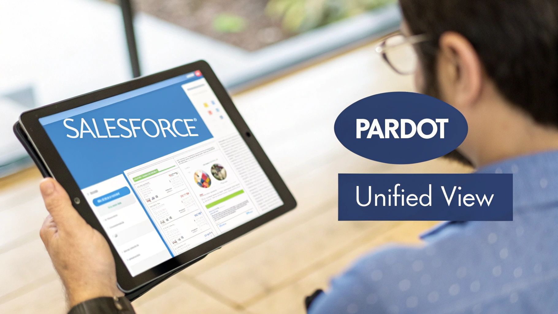 Person holding tablet displaying Salesforce interface with Pardot unified view branding overlay