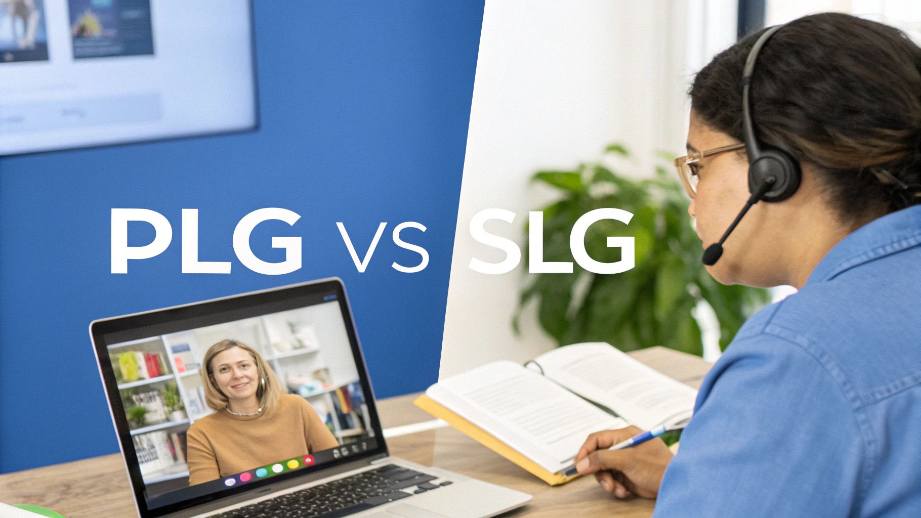Split image illustrating PLG with a laptop video call and SLG with a person wearing a headset.