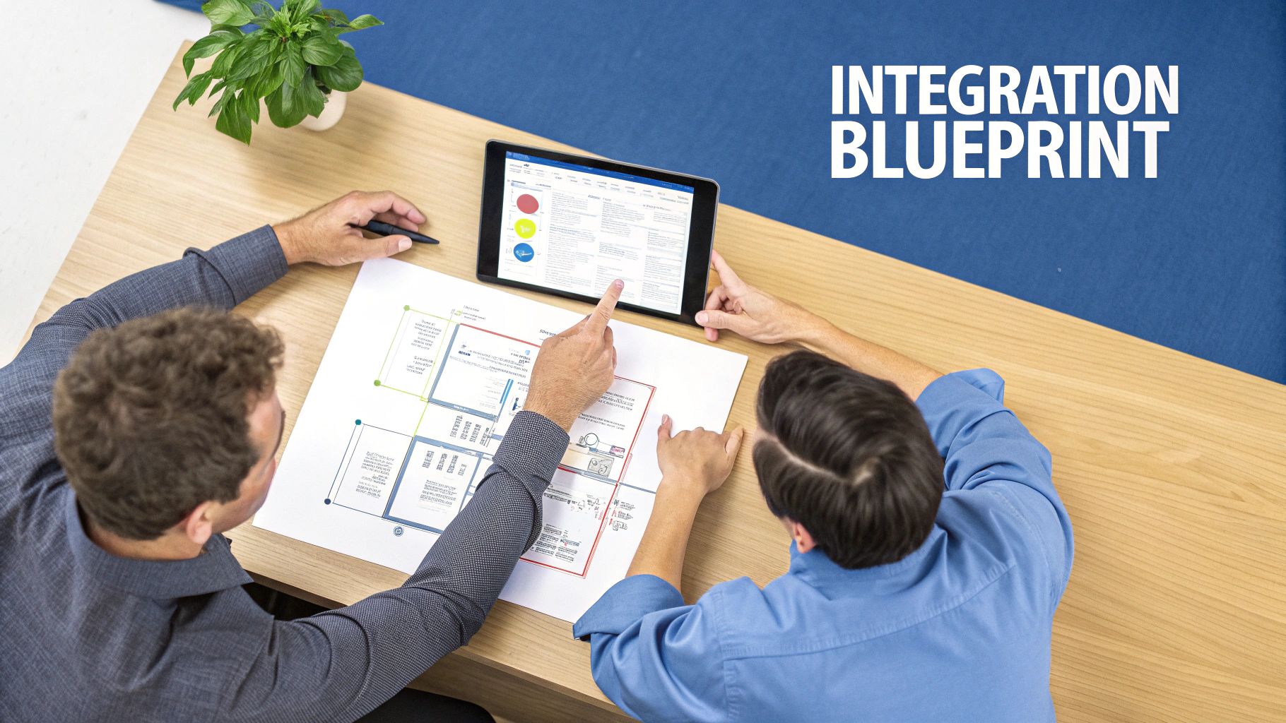 Two people discuss an integration blueprint on a table, pointing at a tablet showing a project dashboard.