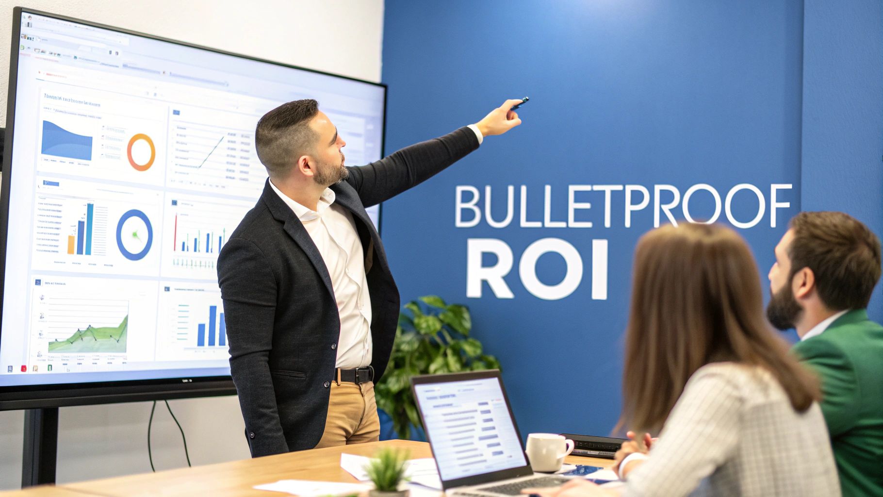 A man presents data on a large screen with charts to two colleagues in a modern office.