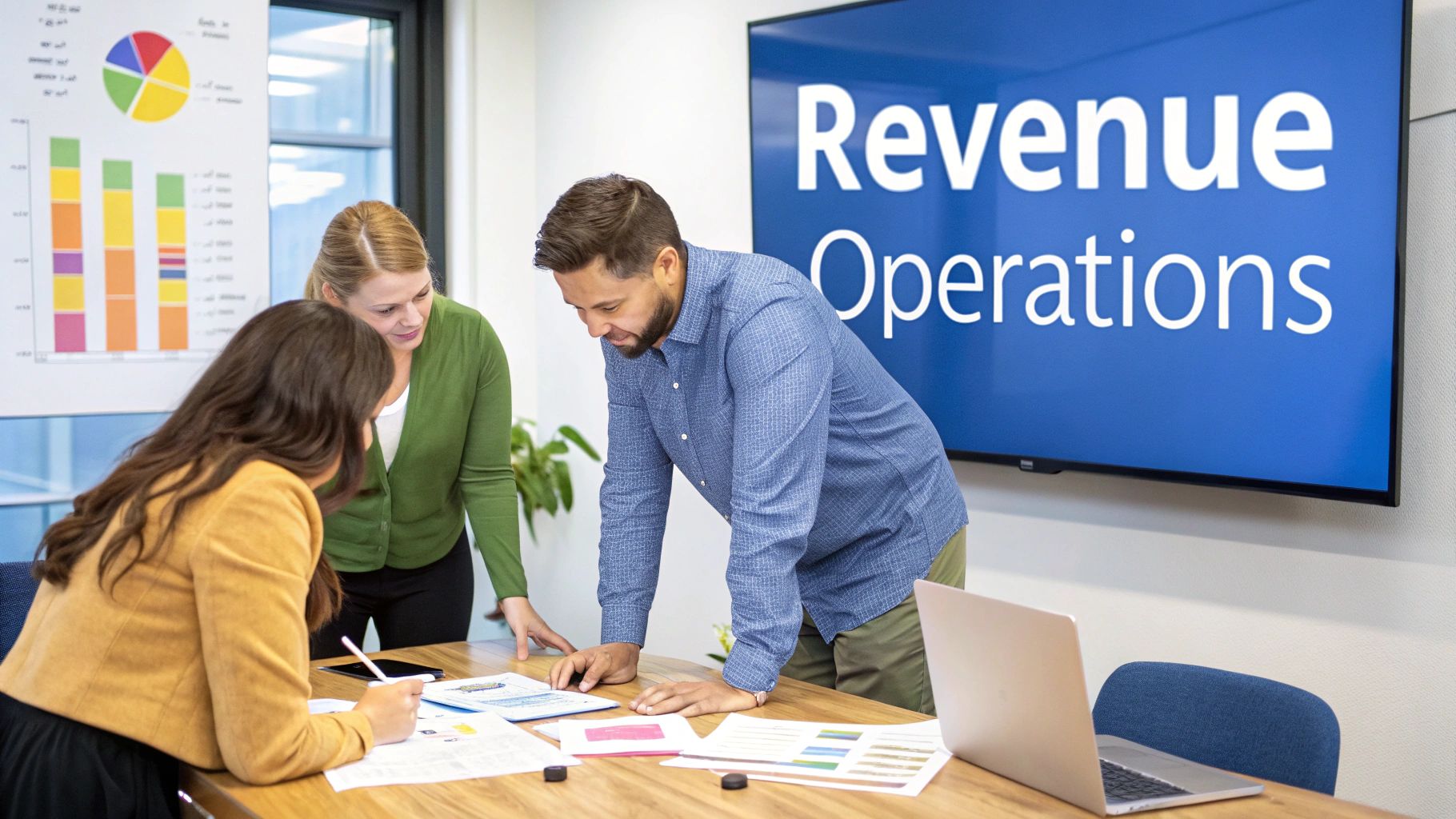 Three diverse professionals collaborate on documents in an office with a "Revenue Operations" screen.