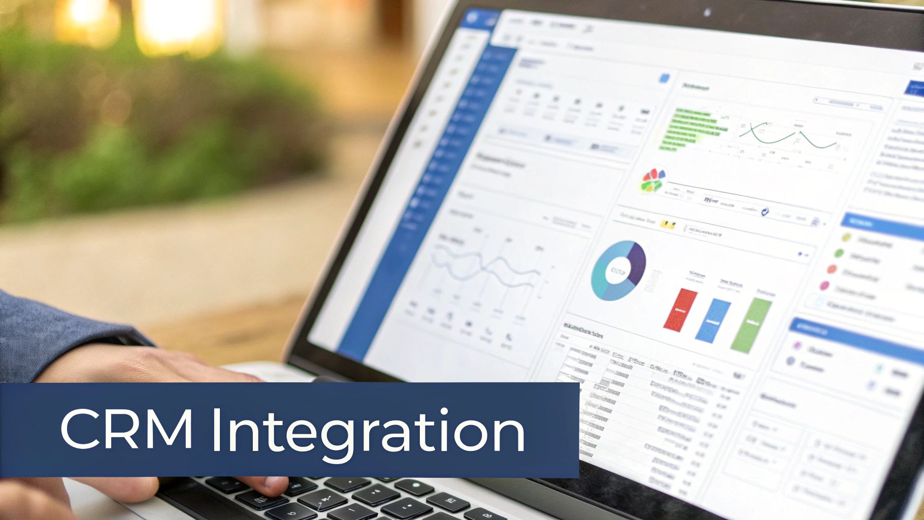 Close-up of hands typing on a laptop displaying CRM integration software with charts and data.