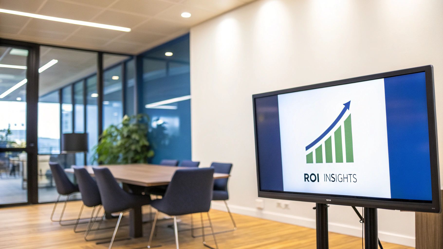 A strategic meeting discussing marketing automation ROI with charts and graphs in the background.